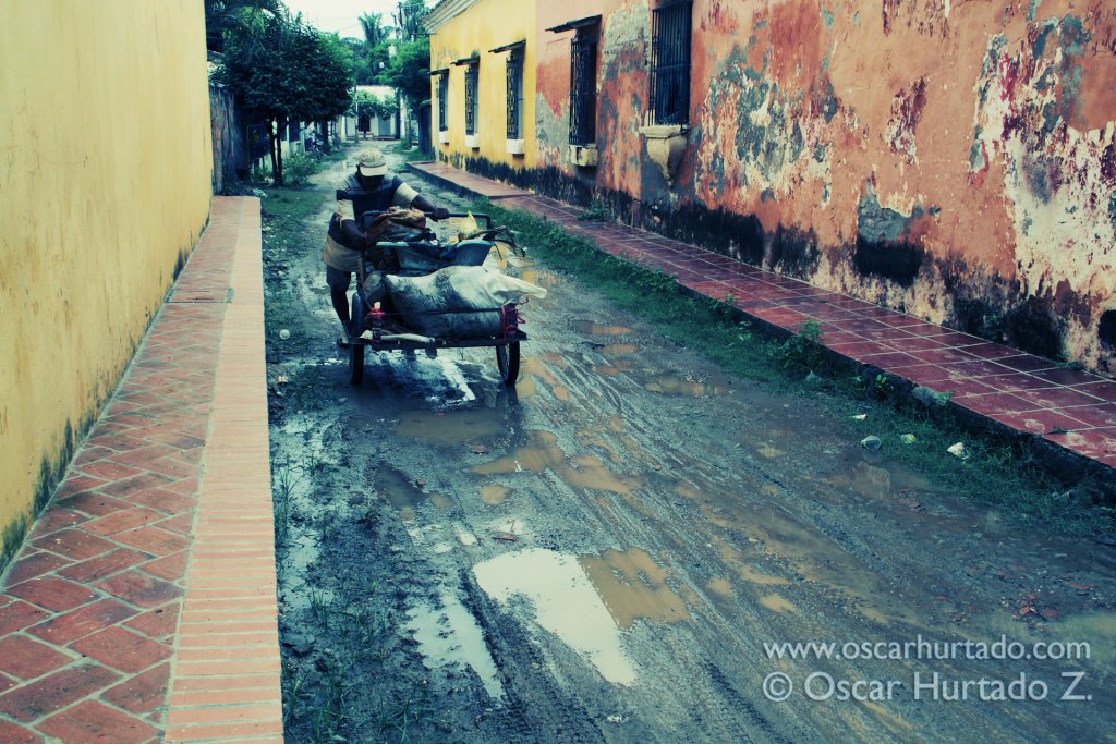 A local man carries a heavy load on his three-wheel bicycle through a dirt road in Mompox