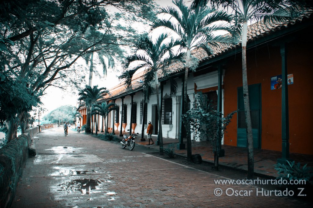 A typical colonial street by the shores of the Magdalena river in the town on Mompox