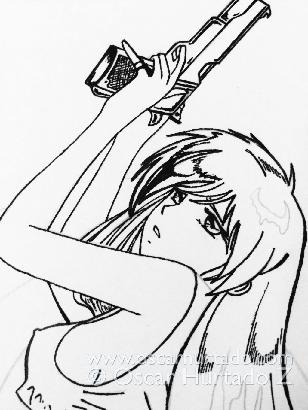 Detail view of the character's face portrayed in the ink drawing titled Dangerous Bombshell