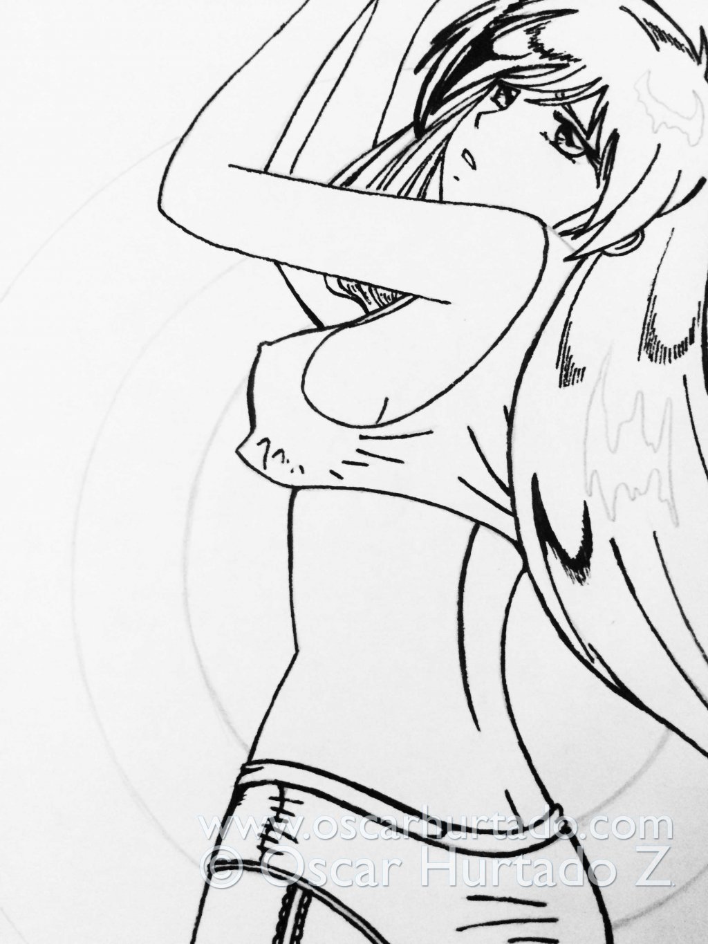 Detail view of the female character portrayed in the ink drawing titled Dangerous Bombshell