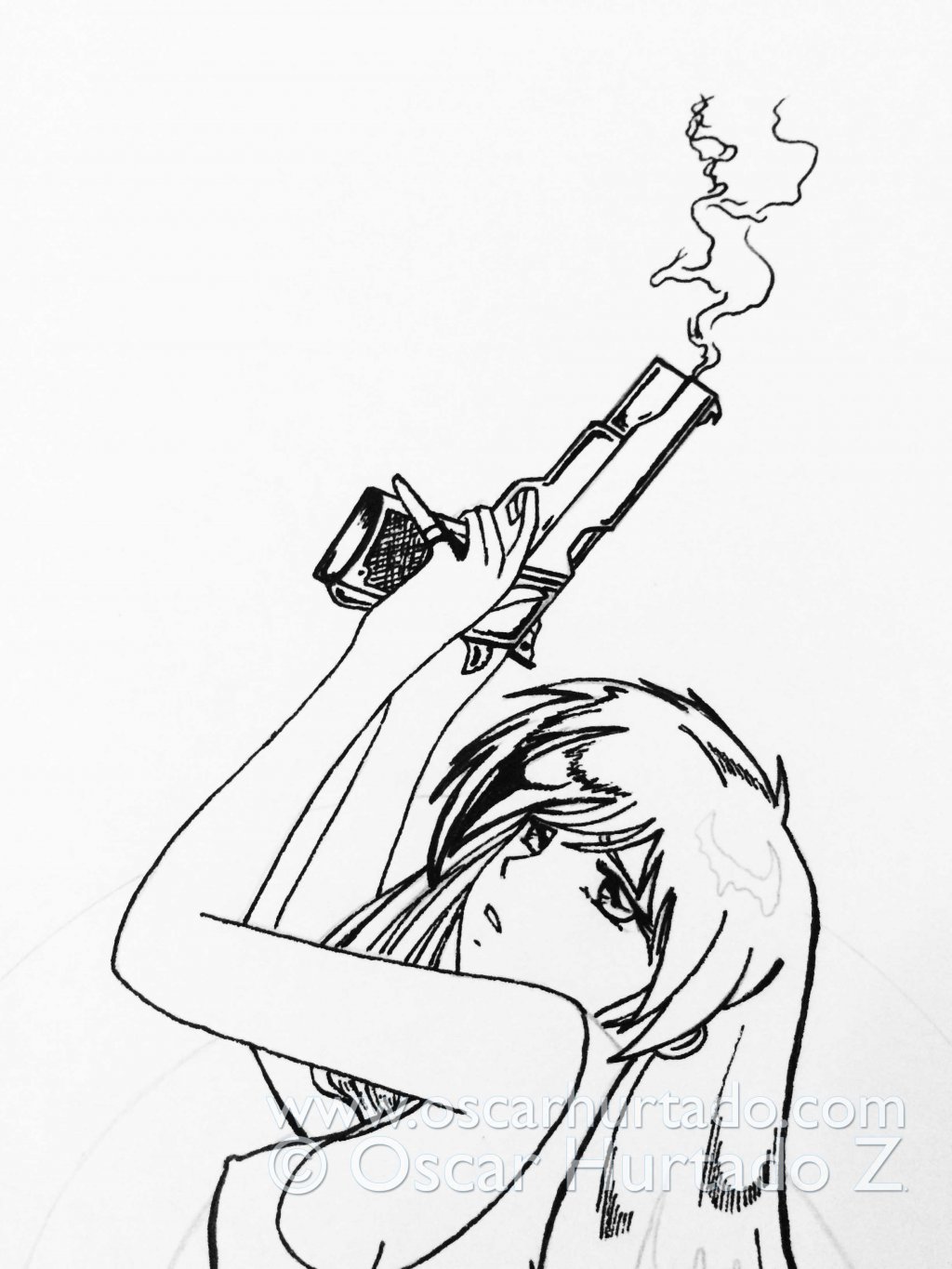 View of the smoking gun being held by the character from the ink drawing titled Dangerous Bombshell