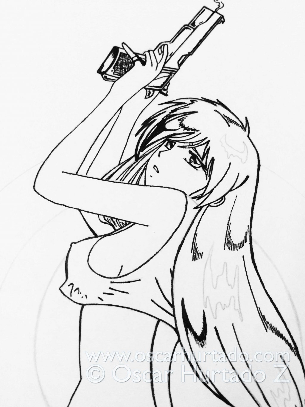Top section of the ink drawing titled Dangerous Bombshell