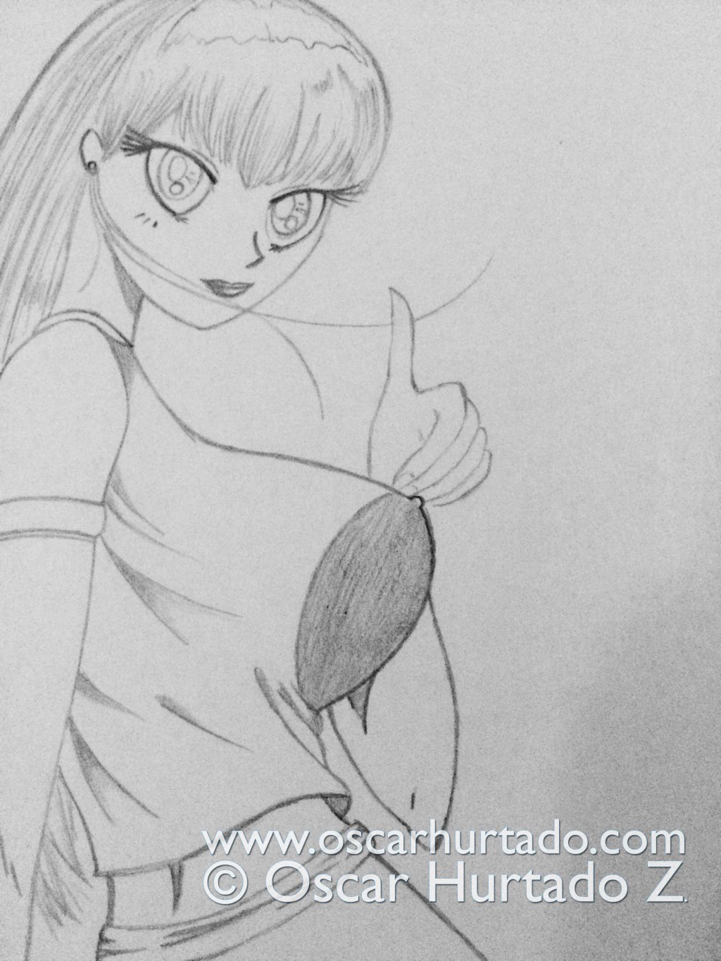 Detail view of the pencil drawing titled Cool babe