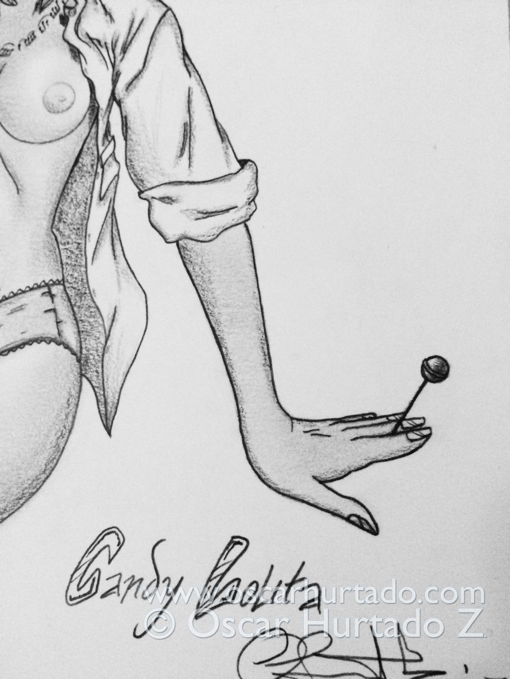 Detail view of the lollipop being held by the character from the pencil drawing titled Candy Lolita