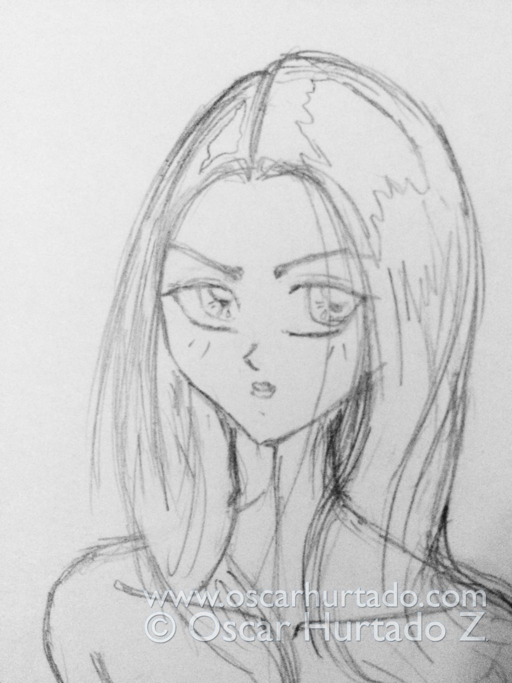 View of the character's face portrayed in the pencil drawing titled Hentai Babe