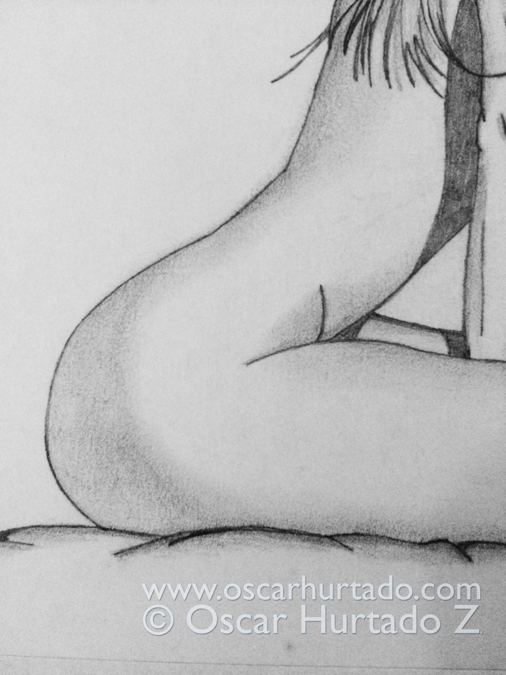 View of the model's back portrayed in the pencil drawing titled Blondie