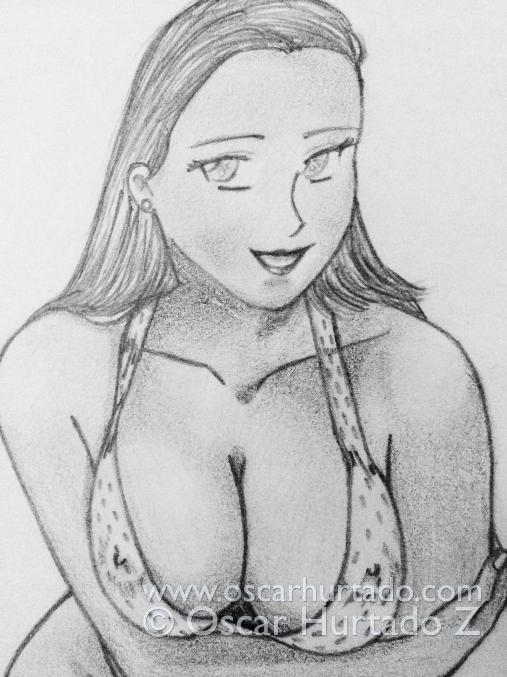 View of the cleavage from the model portrayed in the pencil drawing titled Jen's Spice
