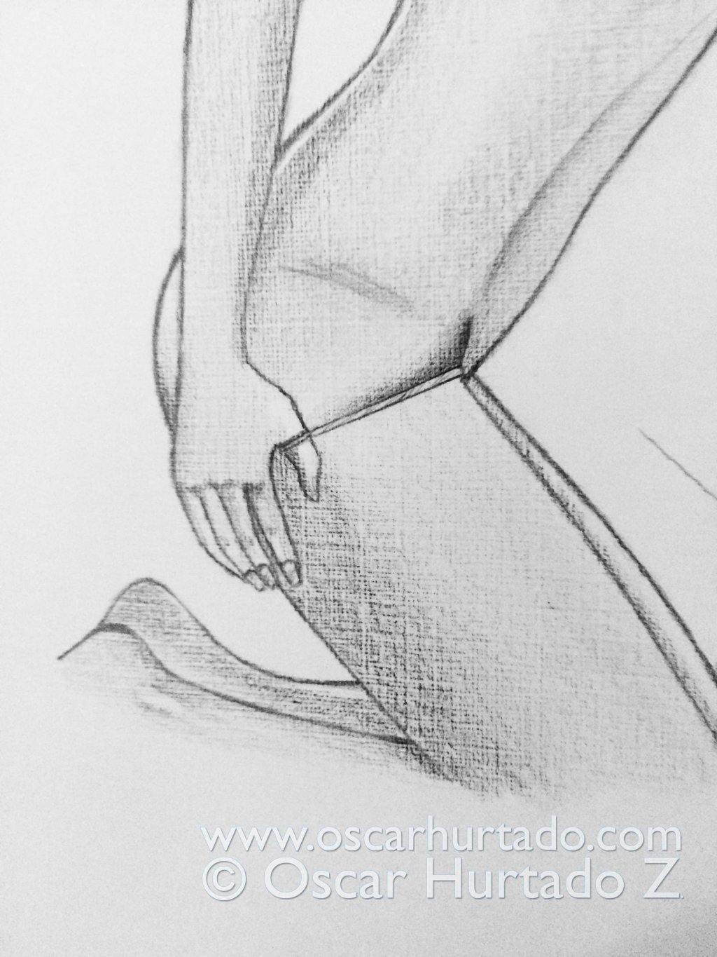 Detail view of the hand of the model from the pencil drawing titled Jenda