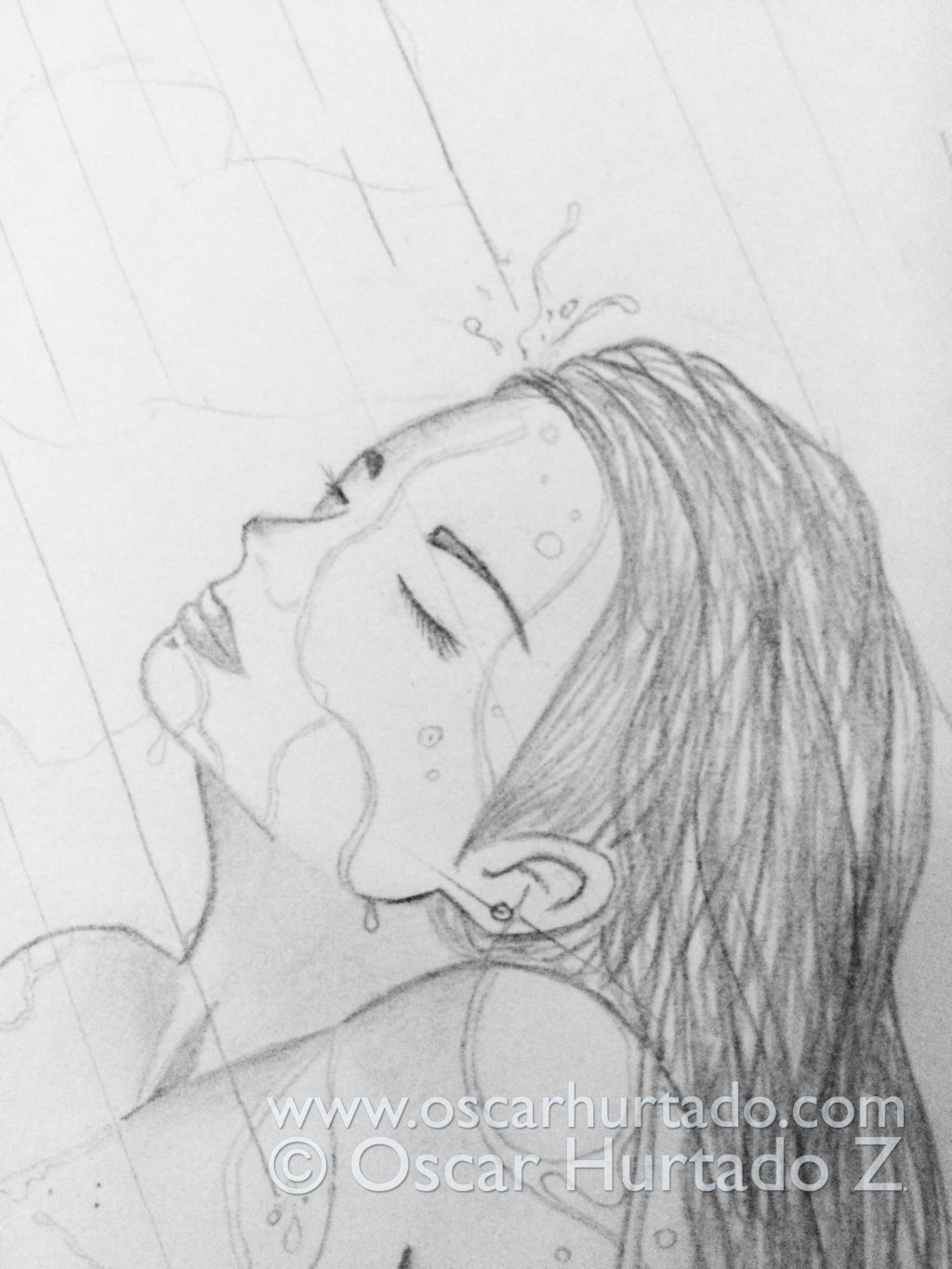 Detail view of the model's face from the pencil drawing titled Ecstasy by the Alps