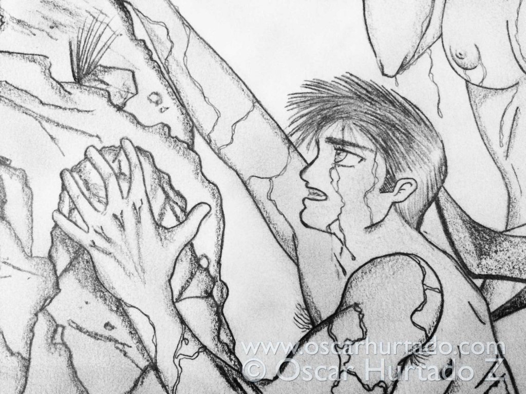 Detail view of Adam from the pencil drawing La Mort d'Adam