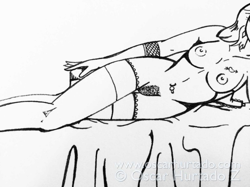 Detail view of an ink drawing of a nude woman lying in bed