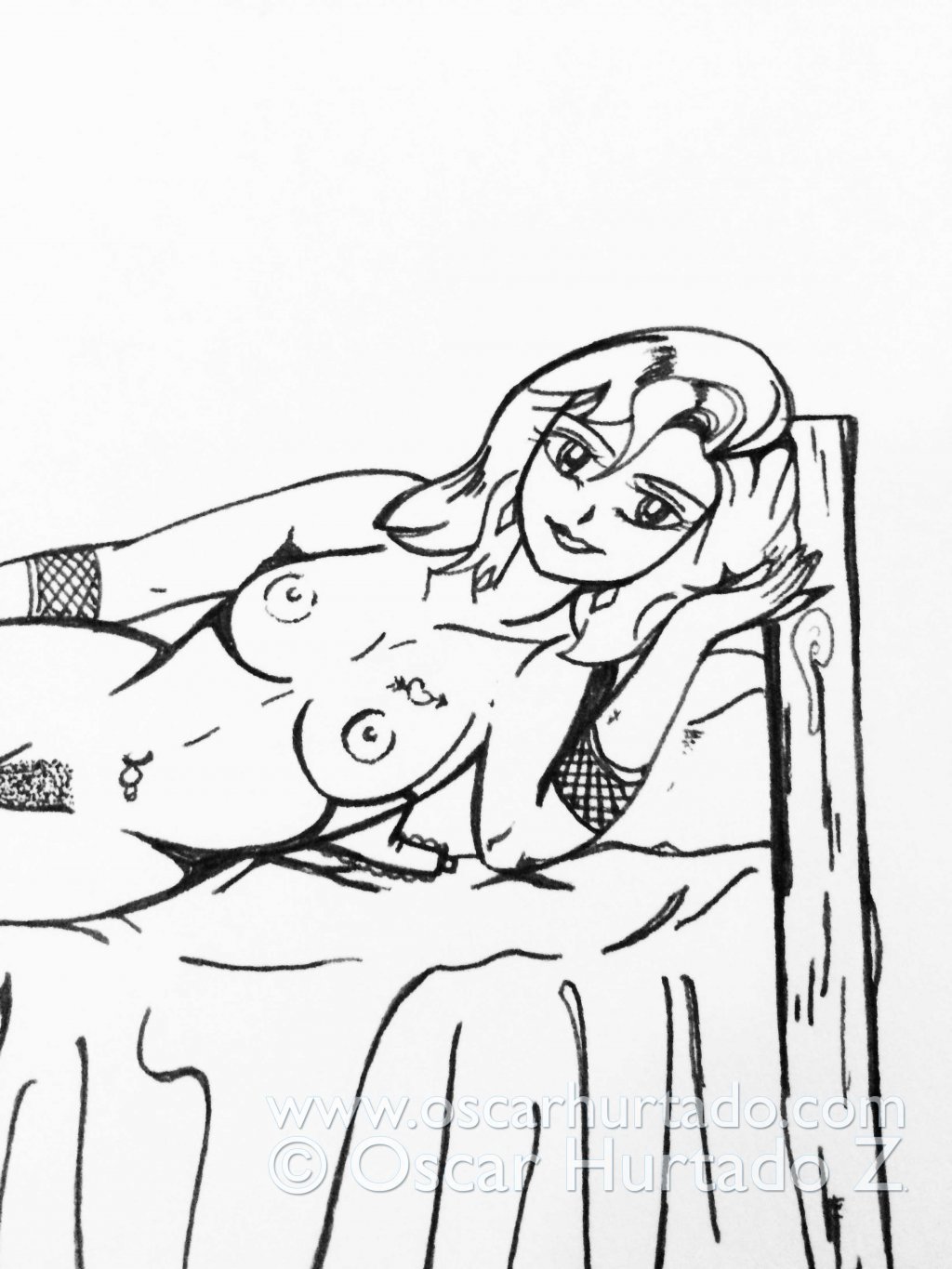 Medium close up of an ink drawing of a nude woman lying in bed
