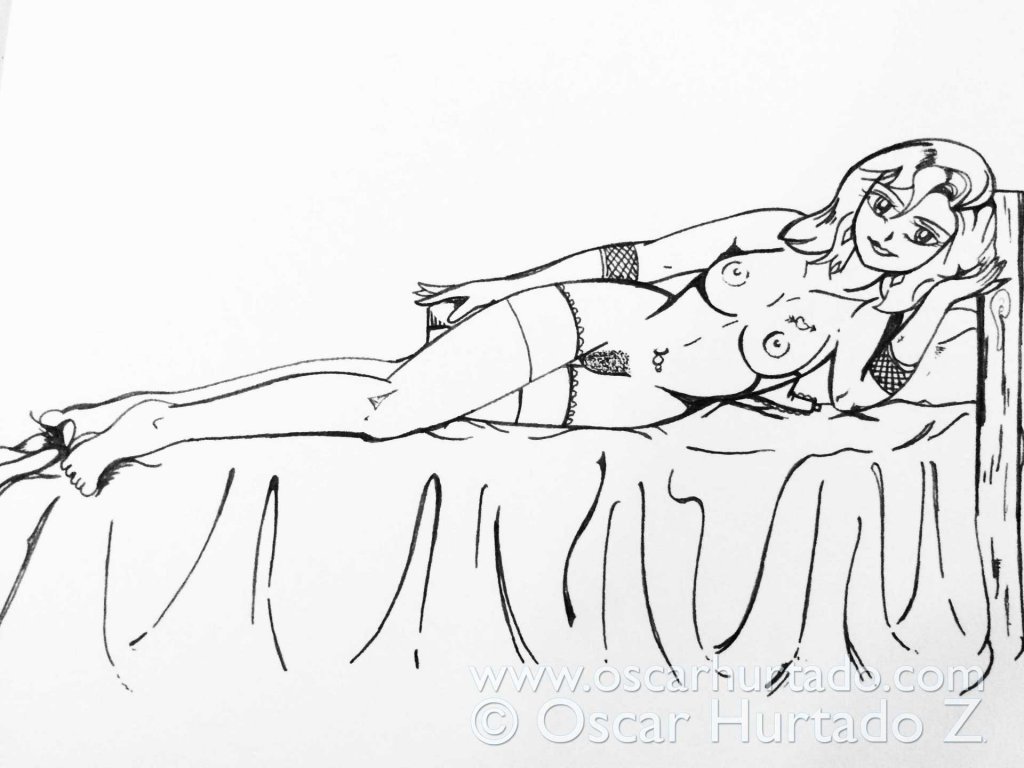 Ink drawing of a nude woman lying in bed