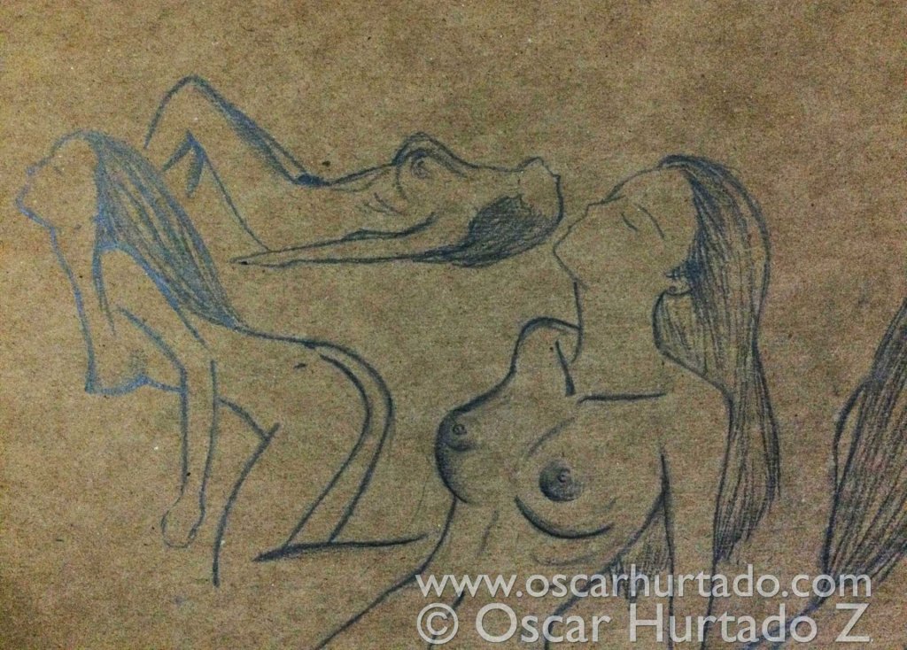 Detail view of three girls from a study of a nude model in different poses